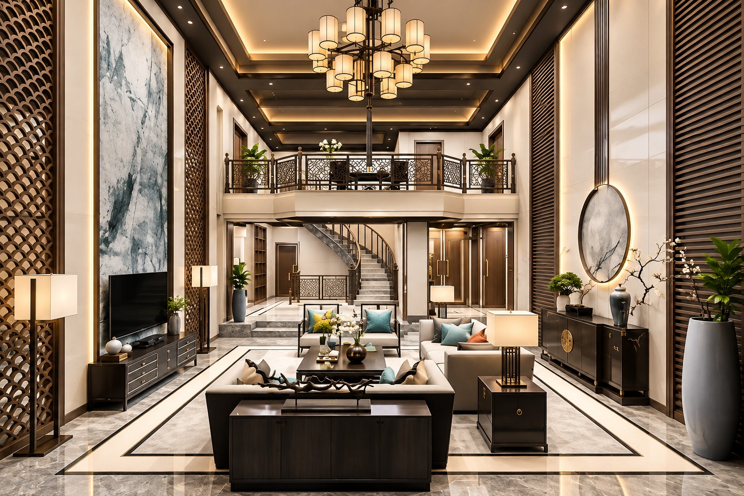 Elegant modern living room interior photo with ambient lighting